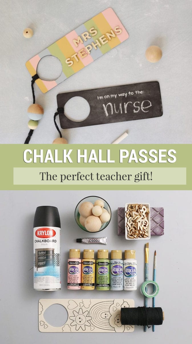 DIY Chalkboard hall pass teach gift on a grey background with supplies below